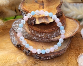 Mom Dad Child Family Bracelet Rock Crystal Rose Quartz Aquamarine 6 mm Pearl Gemstone Bracelet