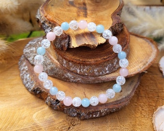 Mom Dad Child Family Bracelet Rock Crystal Rose Quartz Aquamarine 6 mm Beads Gemstone Bracelet