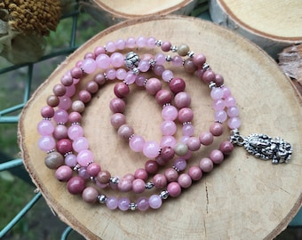 Mala necklace 108 beads rhodonite rose quartz Ganesha lotus prayer beads 6 mm 8 mm