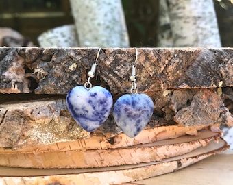 Sodalite Heart Earrings, Blue Silver Earrings, Drop Earrings