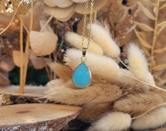 Jade Drop Necklace, Light Blue Gold Gemstone Necklace