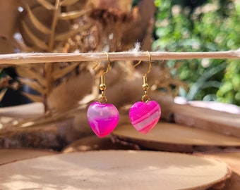 Agate heart earrings gold pink hearts