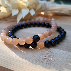 Pulseras para parejas, juego de pulseras para él y para ella, piedra solar de ónix de 6 mm, para relaciones a distancia