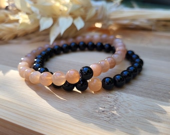 Partner Bracelets, Bracelet Set for Him and Her, Onyx Sunstone 6 mm, Long-distance relationship