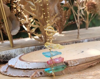 Quartz necklace colorful quartz gold gemstone necklace pink green blue yellow