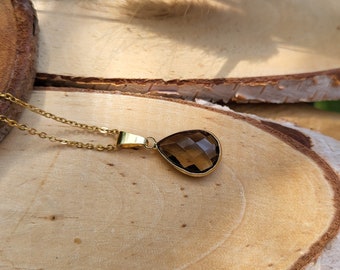 Gemstone smoky quartz drop necklace gold