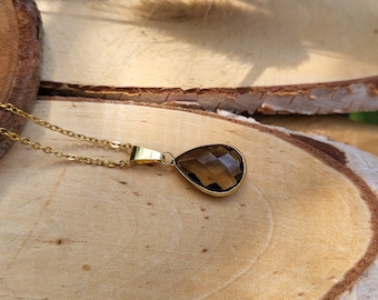 Gemstone Smoky Quartz Drop Necklace Gold
