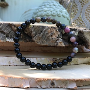 Tourmaline Onyx Bracelet 6 mm Beads Black Colorful Tourmaline