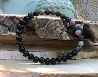 Tourmaline Onyx Bracelet 6 mm Beads Black Colorful Tourmaline