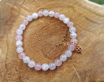Rock Crystal Rose Quartz Moonstone Bracelet Cloverleaf Rose Gold 6 mm Beads