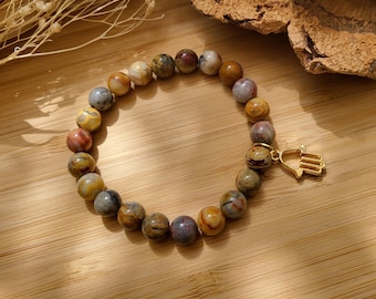 Hamsa bracelet Crazy Lace Agate 8 mm beads Gold gemstone bracelet Lacooni