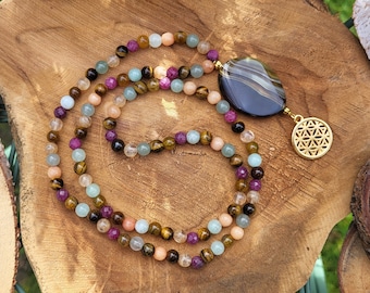 Flower of Life Mala Necklace 108 Beads Unique Piece Tiger Eye Ruby Citrine Agate Aventurine Jade 6 mm Prayer Beads Meditation