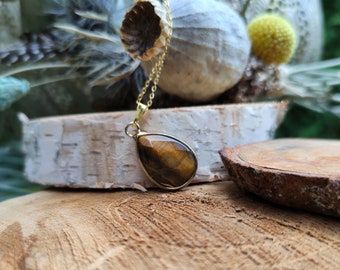 Tiger Eye Necklace Drop Gemstone Necklace Gold