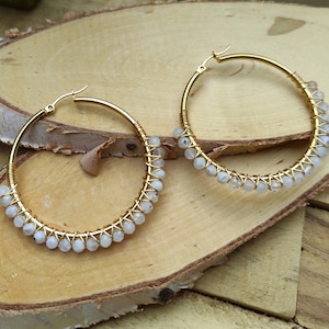 Moonstone earrings gold gemstone earrings hoop earrings