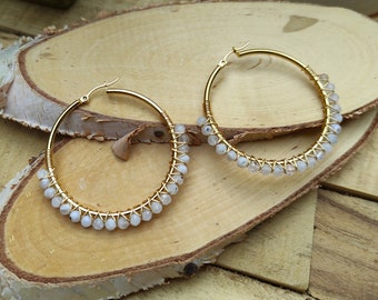 Moonstone Earrings Gold Gemstone Earrings Hoop Earrings