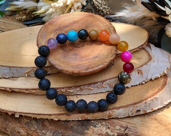 Lotus Bracelet Chakra Rainbow Lava Jade Sunstone Turquoise Sodalite Amethyst Agate Bronze Unique 8 mm Pearl Gemstone Bracelet