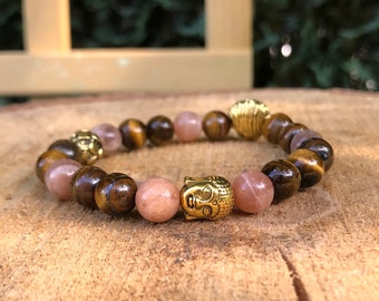 Buddha Lotus Lion Bracelet Gold Tiger Eye Sunstone Mala Bracelet 8 mm