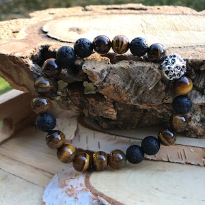Lion bracelet lava beads tiger eye 8 mm beads