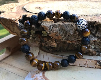 Lion bracelet lava beads tiger eye 8 mm beads