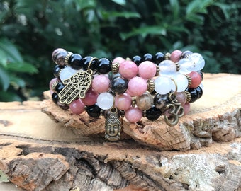 Hamsa Buddha Om Bracelet Set Onyx Moonstone Rhodonite Bronze 8 mm Mala Bracelet Gemstone Bracelet Lacooni