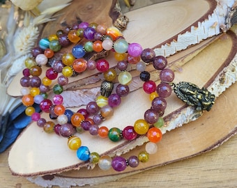 Ganesha Buddha Mala Necklace 108 Beads Unique Bronze Jade Agate Sunstone 6 mm 8 mm Beads Prayer Beads Meditation
