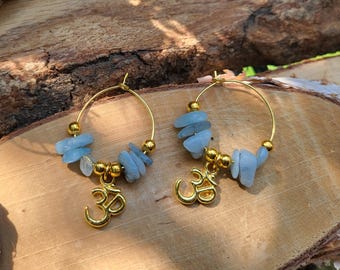 Aquamarine Om Hoop Earrings Gold Gemstone Earrings Creole