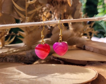 Agate heart earrings gold pink