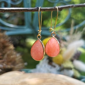 Earrings jade salmon colored earrings gold drop gemstone earrings