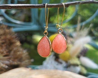 Earrings jade salmon colored earrings gold drop gemstone earrings