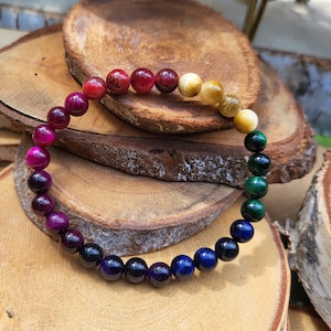 Chakra Bracelet Tiger Eye Colorful Rainbow 6 mm 7 Chakras Mala Meditation