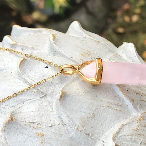 Gemstone Rose Quartz Necklace Gold Rose Quartz Pen Gold Chain Etsy