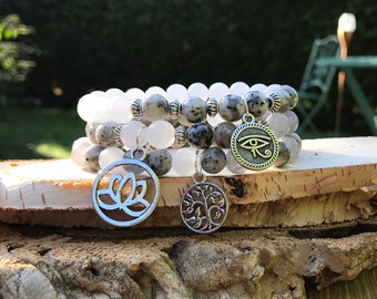 Tree of Life Eye of Horus Lotus Bracelet Set Moonstone Jade Jasper Silver Mala Bracelet 8 mm