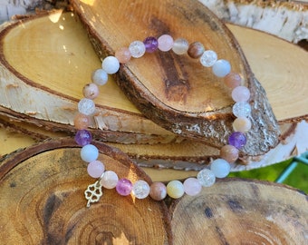 Cloverleaf bracelet rock crystal rose quartz amethyst lepidolite silver 6 mm beads gemstone bracelet