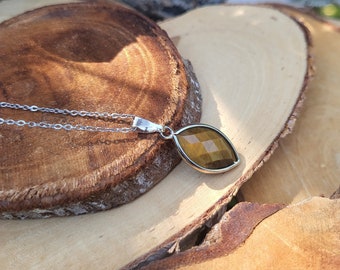 Tiger Eye Necklace Silver Navette Gemstone Necklace