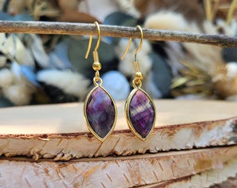 Fluorite earrings purple blue fluorite gold gemstone earrings dangle earrings