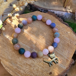 Cat Bracelet Agate Rose Quartz Sunstone Cat Bracelet 8 mm Animal Memory Rainbow Bridge Bronze