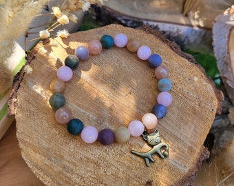 Cat Bracelet Agate Rose Quartz Sunstone Cat Bracelet 8 mm Animal Memory Rainbow Bridge Bronze
