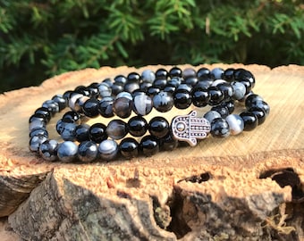 Hamsa Bracelet Mala Bracelet Onyx Obsidian Agate Silver 6 mm Beads Gemstone Bracelet Lacooni