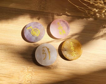Reiki Symbols Stones Set Amethyst Rose Quartz Rock Crystal Jade Unique Piece Meditation