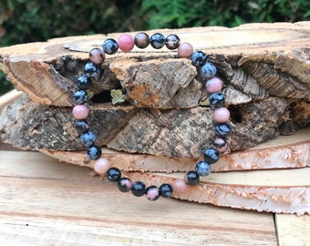 Snowflake obsidian rhodonite bracelet 6 mm beads gemstone bracelet obsidian