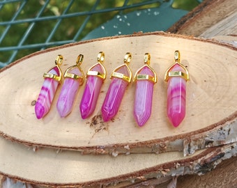 Agate necklace, gold agate pen, pink double-ended gemstone necklace
