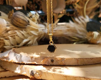 Obsidian necklace, hexagon gold gemstone necklace