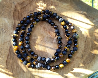 Lotus Mala 108 Beads Necklace 6mm Tiger Eye Onyx Lava Bronze Prayer Beads