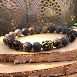Buddha Bracelet Tiger Eye Jasper 8 mm Bronze Mala Bracelet