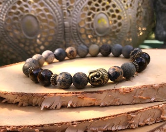 Buddha Bracelet Tiger Eye Jasper 8 mm Bronze Mala Bracelet