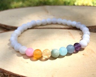 Chakra Bracelet Agate Jade Amethyst Citrine Aquamarine Pastel White 7 Chakras 6 mm Beads