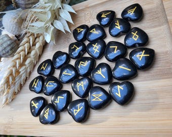 Obsidian Heart Rune Stone Set Obsidian Heart Black Gold Rune Stones Oracle