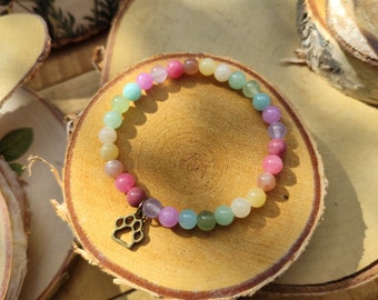 Rainbow Bridge Bracelet Animal Memorial Bronze Paw Prehnite Jade Sunstone Amazonite Aventurine Rhodonite 6 mm