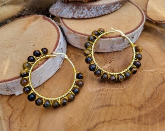 Tiger Eye Earrings Gold Earrings Hoop Earrings