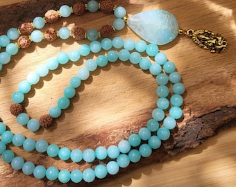 Ganesha Mala Necklace, 108 Rudraksha Jade Beads, 8 mm Gold Beads, Unique Prayer Beads, Meditation Beads, Agate